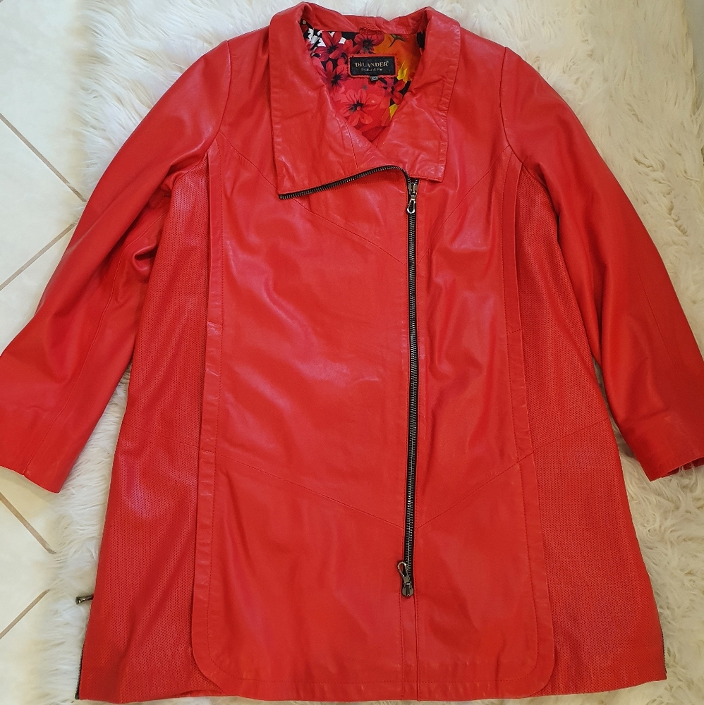 Women Red Genuine Lambskin Leather 3/4 Moto Coat Plus Size XXL